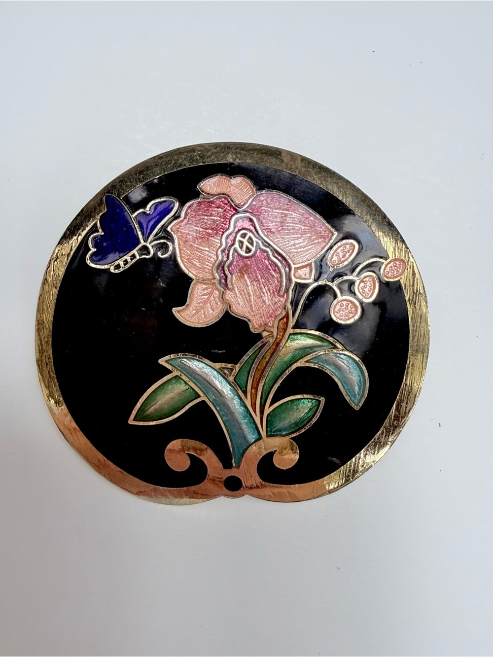 Vintage Cloisonné Enamel Orchid Butterfly Brooch Gold Tone